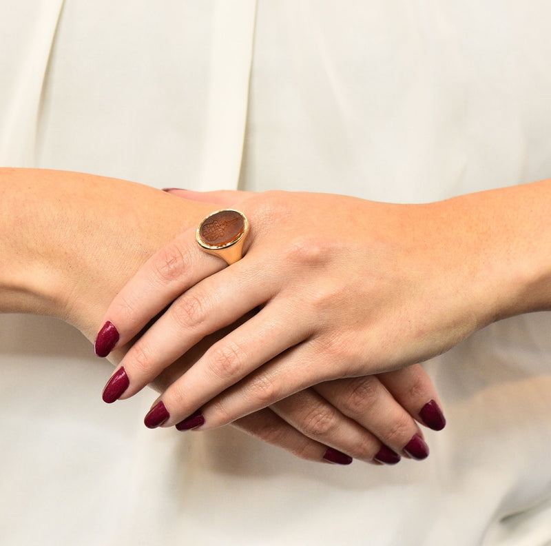 victorian carnelian intaglio 14 karat gold unisex locket ring wilsons estate jewelry nail finger manicure hand fashion accessory